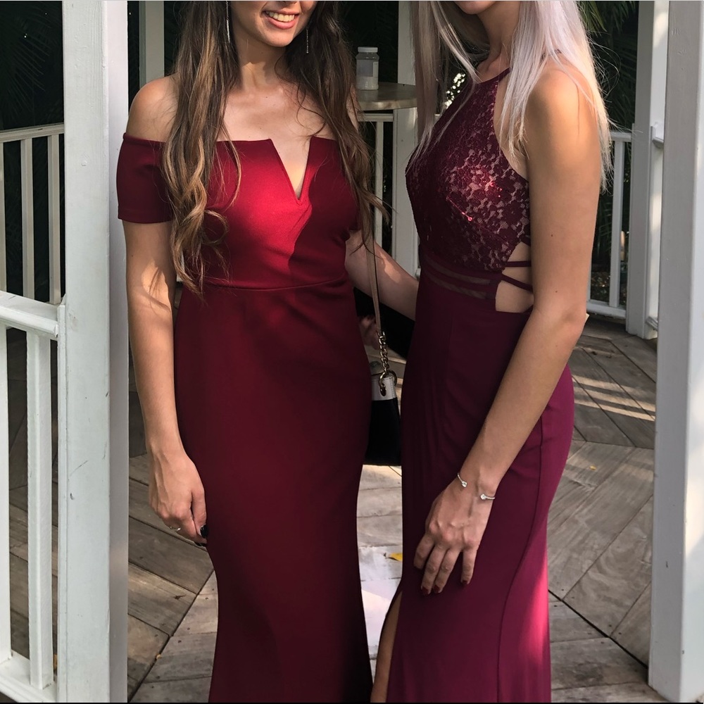 Lulus off-shoulder gown in Wine Red